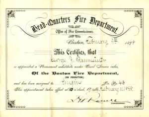 Appointment certificate for George J. Baumeister as a member on probation, assigned to Engine Co. 43, February 11, 1898.