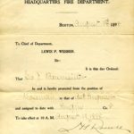Promotion notification for George J. Baumeister from Hoseman to Asst. Engineer, assigned to Engine Co. 8, August 19, 1898.