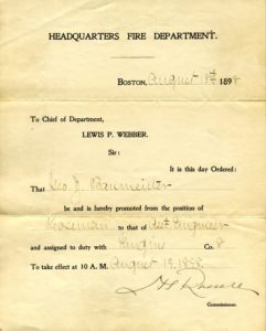 Promotion notification for George J. Baumeister from Hoseman to Asst. Engineer, assigned to Engine Co. 8, August 19, 1898.