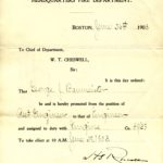 Promotion notification for George J. Baumeister from Asst. Engineer to Engineer, Engine Co. 38/39, June 29, 1903.