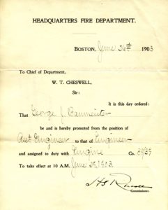 Promotion notification for George J. Baumeister from Asst. Engineer to Engineer, Engine Co. 38/39, June 29, 1903.