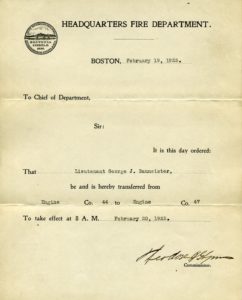 Transfer notice to George J. Baumeister, from Engine Co. 44 to Engine Co. 47 (fireboats) effective February 20, 1925.