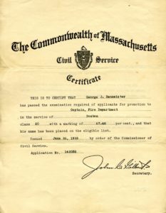 Civil Service certificate announcing George J. Baumeister passed the examination for Captain, score 67.48, June 26, 1925.