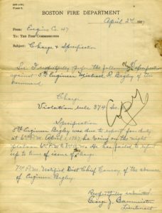 BFD Form 5, Lt. George J. Baumeister, specifying charges against 5th Engineer Michael F. Begley, Engine Co. 47.