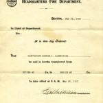 Transfer notice for George J. Baumeister from Engine Co. 47 to Engine Co. 48, effective May 28, 1927.