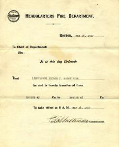 Transfer notice for George J. Baumeister from Engine Co. 47 to Engine Co. 48, effective May 28, 1927.