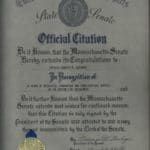 Massachusetts State Senate Official Citation, honoring Fire Captain Charles Rozanski, signed by President William M. Bulger, in 1989.