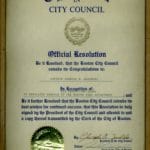 Boston City Council Official Resolution, signed by President Christopher Iannella, in 1989.