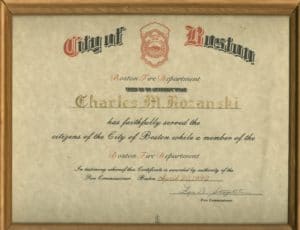 Boston Fire Department Retirement Certificate, signed by Fire Commissioner Leo D.