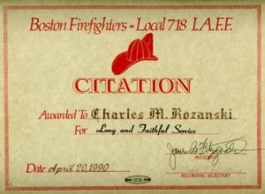 Boston Firefighters Local 718 Citation, signed by President James B. Fitzgerald, on April 20, 1990.
