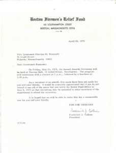 Awards ceremony notification, April 10, 1975.