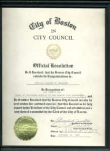 Boston City Council Official Resolution congratulating Fire Captain Charles Rozanski for 32 years of service.
