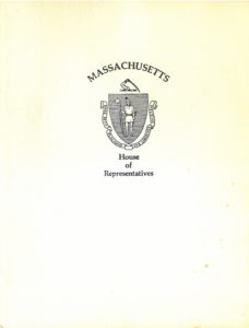 Document folder cover of the Massachusetts House of Representatives in 1989.