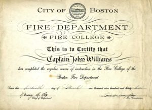 Certificate of completion of Fire College (Highest Honors), March 14, 1933.