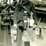 Lieutenant John Williams wearing a diver's mask and breathing apparatus, circa 1915.