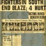 Newspaper story of many firemen injured, including Ladderman Gilbert W. Jones, Ladder Company 15, February 21, 1923.