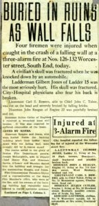 Newspaper story of many firemen injured, including Ladderman Gilbert W. Jones, Ladder Company 15, February 21, 1923.
