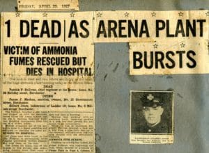 Story of a rescue performed by Ladderman Gilbert W. Jones, Ladder Co. 15, at Boston Arena, 238 St. Botolph St., in 1927.
