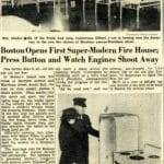 Ladderman Gilbert W. Jones inspects the new firehouse at 618 Harrison Avenue, with a South End resident, in 1941.