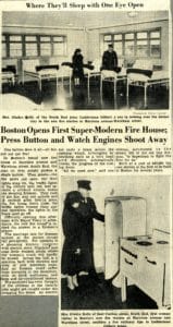 Ladderman Gilbert W. Jones inspects the new firehouse at 618 Harrison Avenue, with a South End resident, in 1941.