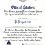 State Senate Official Citation for Captain David F. Watkins, on his retirement, August, 1976.
