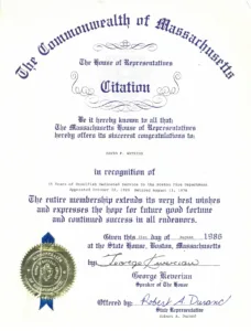 House of Representatives Citation to David F. Watkins on his 55 years of service to the Boston Fire Dept., Aug. 21, 1986.