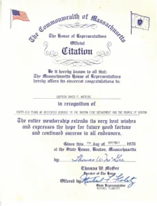 House of Representatives Citation to Captain David F. Watkins for 55 years of service to the Boston Fire Dept., Nov. 4, 1976.