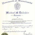 Governor Michael S. Dukakis' certificate to Fire Captain David F. Watkins for 55 years of service, August 21, 1986.